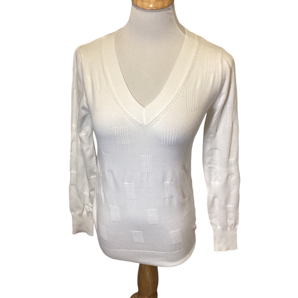 ARACH&CLOZ Womens White V Neck Long‎ Sleeve Textured Knit Sweater Top Size S